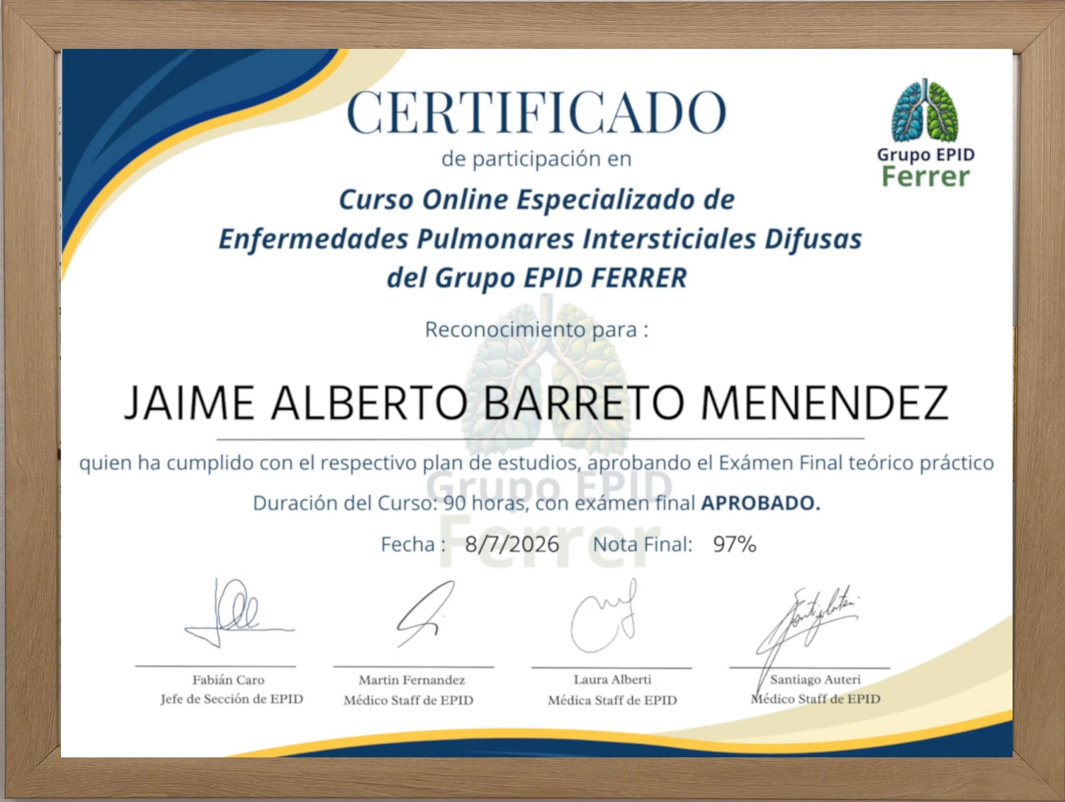Diploma de experto en enfermedad pulmonas intersticial difusa y fibrosis pulmonar, Dr. Jaime Barreto, Bucaramanga