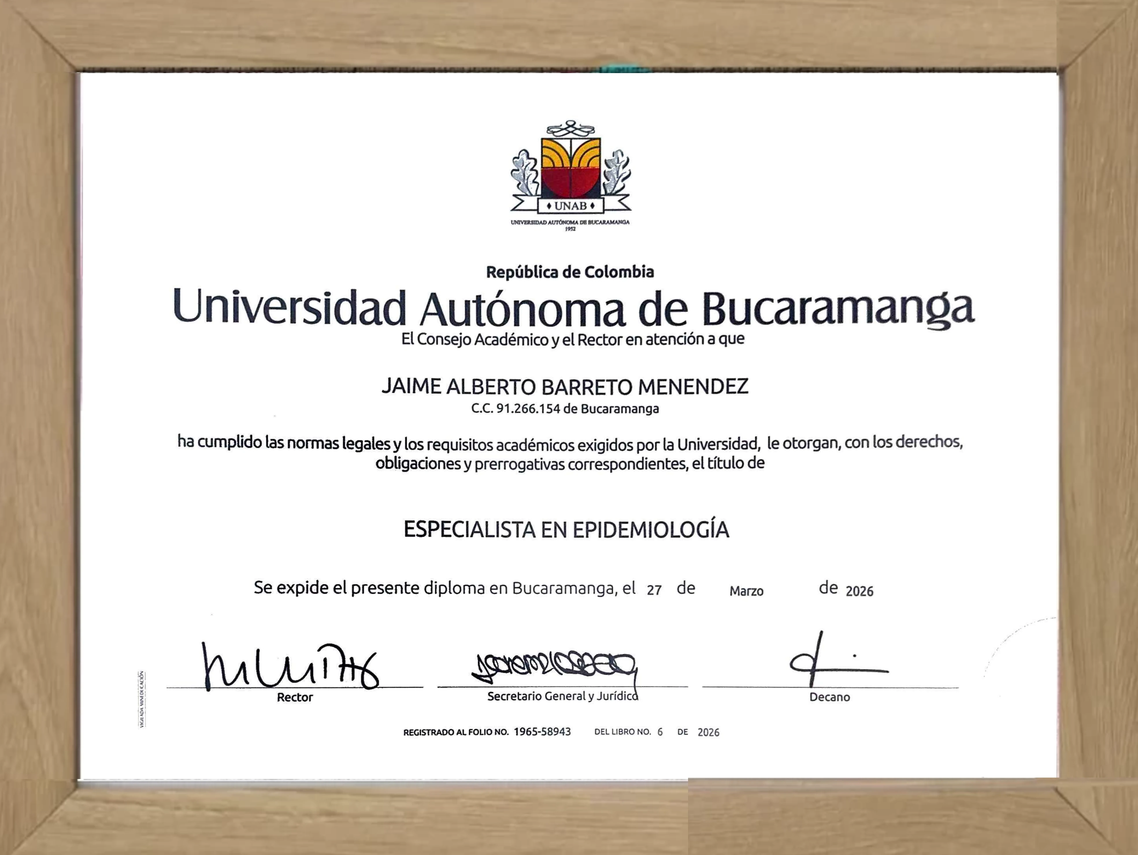 Diploma de epidemiologia del Dr. Jaime Barreto en Bucaramanga
